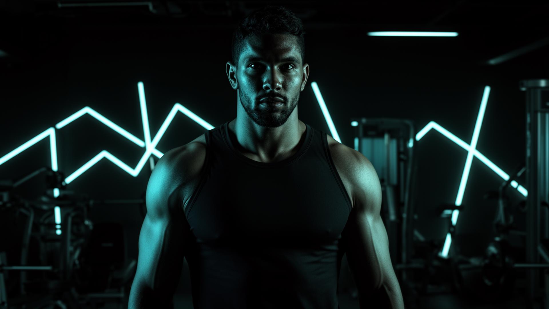 Athletic training environment with dramatic lighting